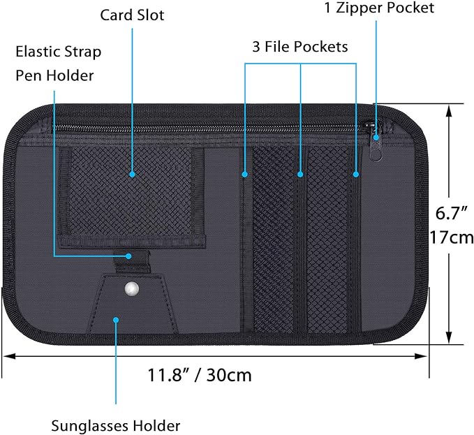 Car Sun Visor Organizer, Wisdompro Vehicle Interior Accessories Storage Pouch Auto Registration Holder with Elastic Strap for Sunglass, Documents, Cards, Pen, Drivers License, etc. (Black)
