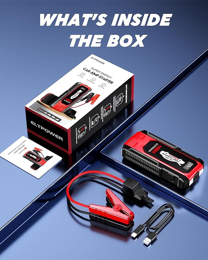 4000A Car Jump Starter Portable Jump Box Battery Booster Pack with Jumper Cables and LED Light Upto 8L Gas and 7L Diesel Engines