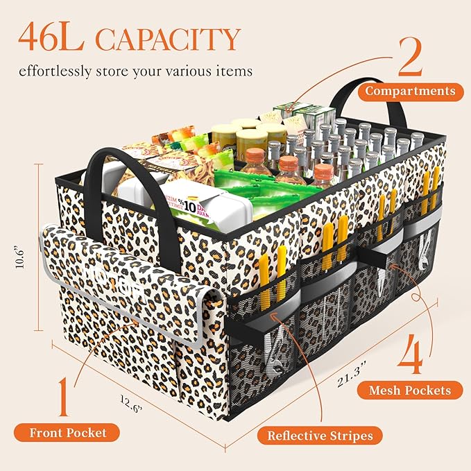 HOTOR Trunk Organizer - Car Organizer with 5 Pockets, Trunk Organizer for SUV & Sedan, Car Organization with Sturdy Base Panel for Car Accessories, Brown Leopard, 2 Compartments, 21.3"×12.6"×10.6"