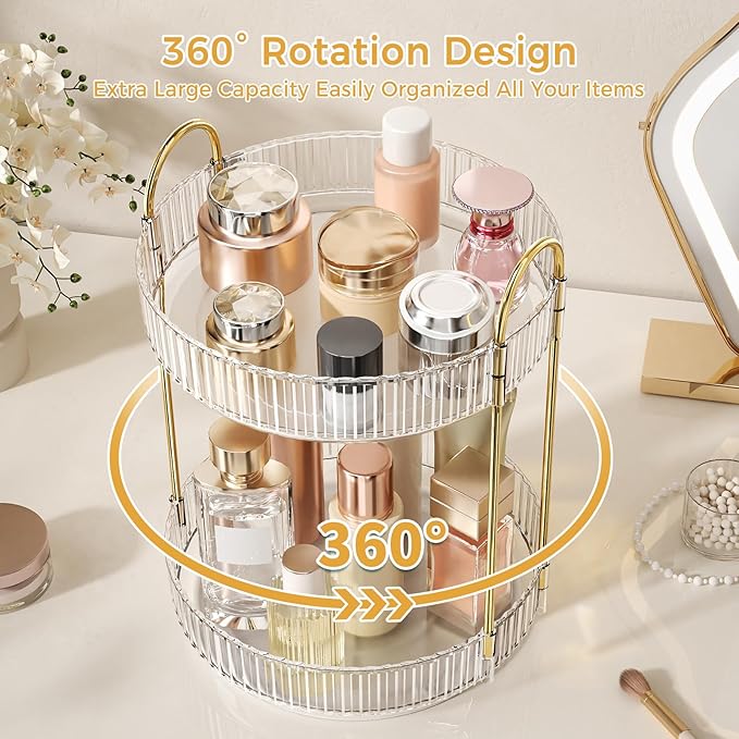 Oifecsie 360° Rotating Makeup Organizer, Large Capacity SkinCare Organizer, 2 Tier Cosmetic Skin Care Perfume Dresser Organiz