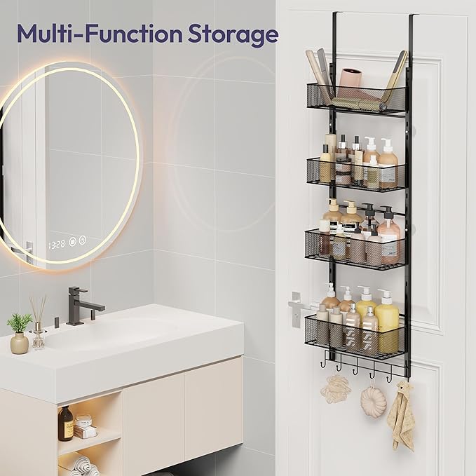 SWTYMIKI Over The Door Purse Organizer - Wall Mounted Purse Rack with 4 Adjustable Metal Basket and 6 Hooks, Hanging Bag Rack