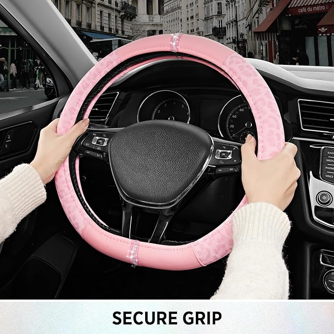 Road Comforts Leopard Steering Wheel Cover for Women, Cute Anti-Slip Microfiber Leather, Fits D Shape Flat Bottom Steering Wh
