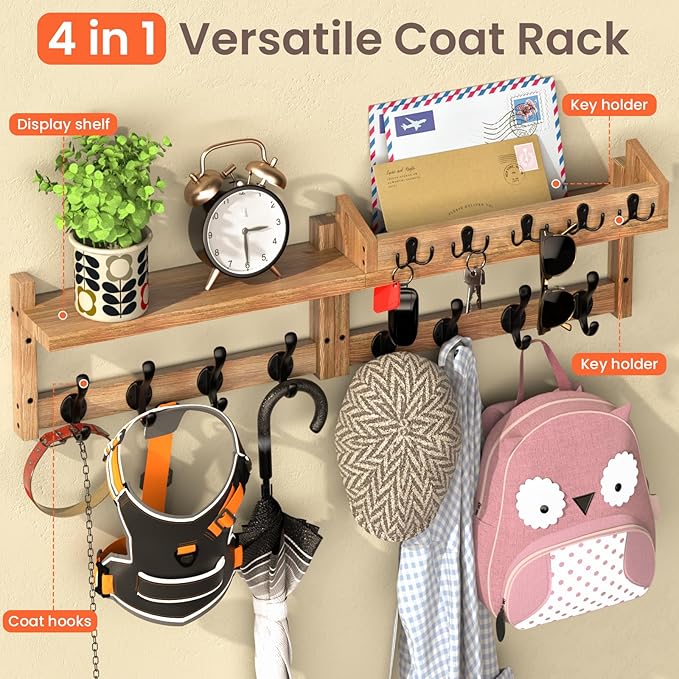 35'' Brown Coat Rack Wall Mount with Shelf, Solid Wood Coat and Key Hanger with 13 Metal Hooks, Farmhouse Wall Organizer for 