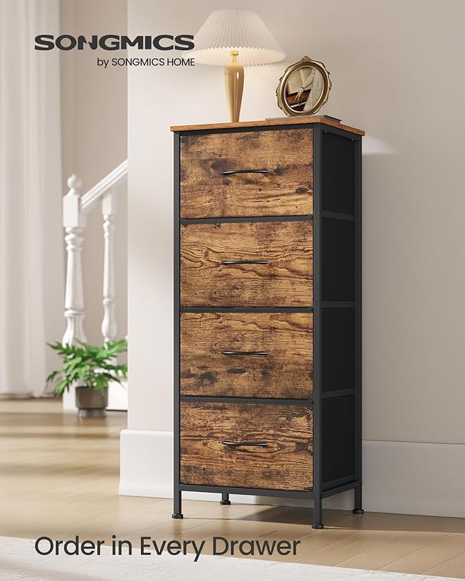 SONGMICS Dresser for Bedroom, Chest of Drawers, Steel, MDF, 4 Non-Woven Fabric Drawers, Storage Organizer Unit, Closet, Entry