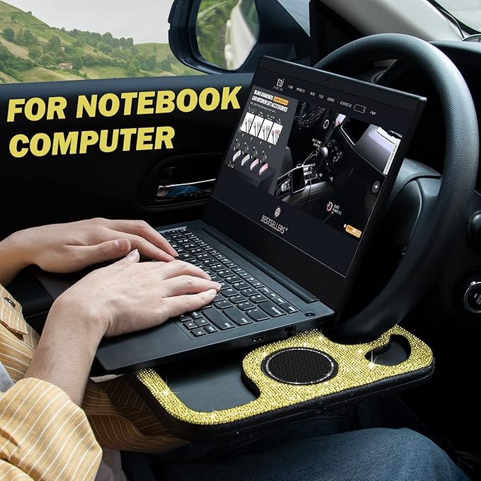 eing Bling Auto Steering Wheel Desk, Laptop,Tablet, Notebook Car Travel Table, Food Eating Hook On Steering Wheel Tray, for Constant Travelers, Fits Most Vehicles Steering Wheels,Yellow