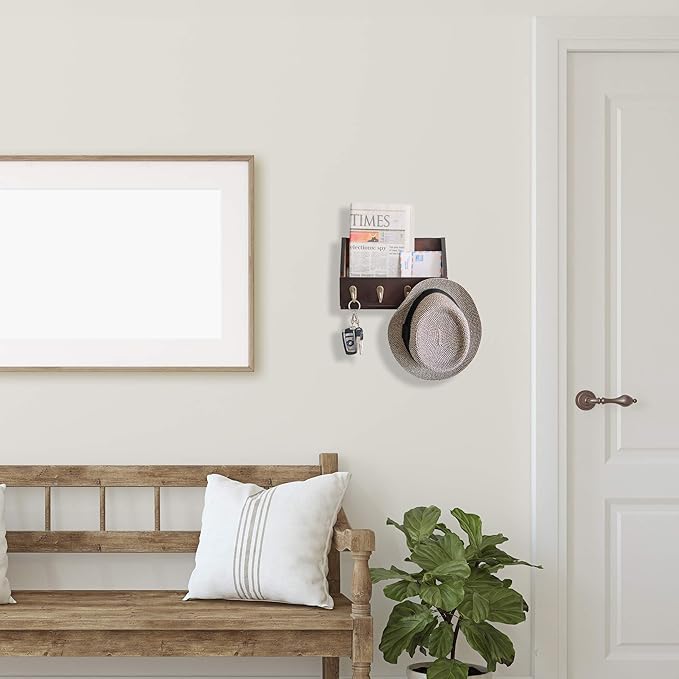 Flintar Wall Mount Key and Mail Holder with 4 Hooks. Made in Taiwan, Solid Wood. Use as Key Rack, Entryway or Mudroom Organiz
