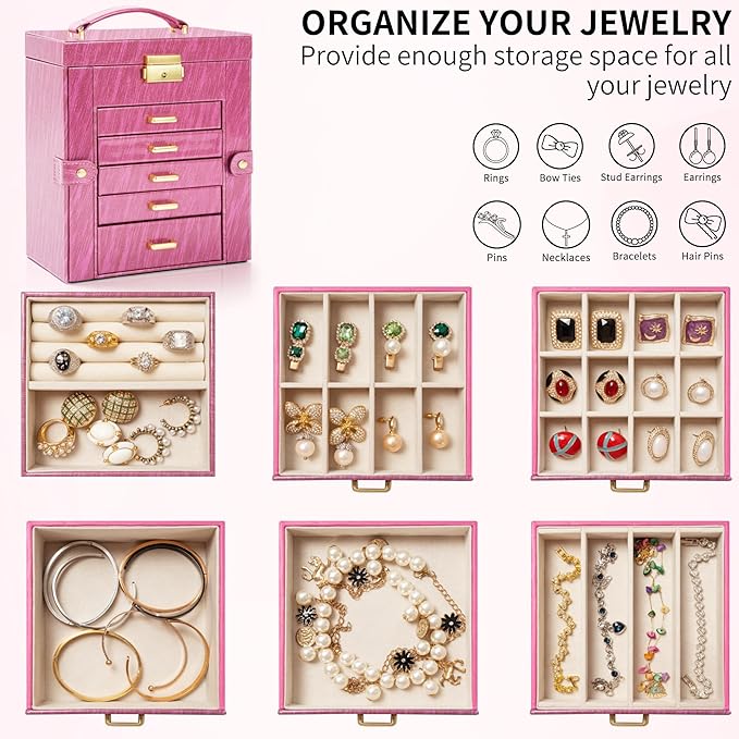 AKOZLIN 6-Tier Jewelry Box Lockable Leather Jewelry Storage Case with 5 Drawers for Women Girls Ring Necklace Earring Bracele