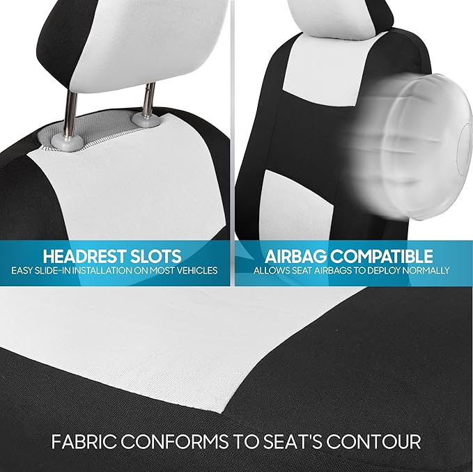 BDK PolyPro Car Seat Covers Full Set in White on Black, Front and Rear Split Bench Seat Covers for Cars, Easy to Install Car 