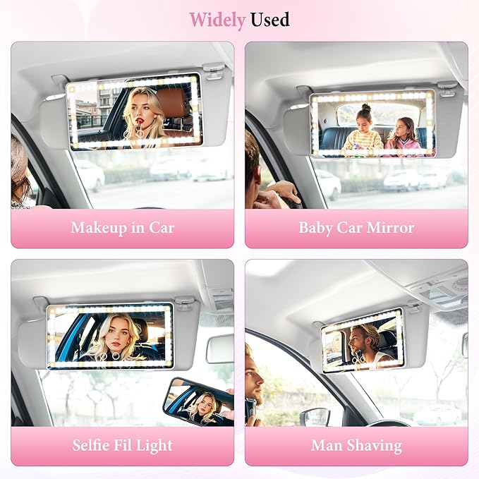 SINGARO 2PCS Car Sun Visor Vanity Mirror - Rechargeable Makeup Mirror with 60 LEDs, 3 Light Modes & Dimmable Touch Control for Cars, Trucks, SUVs, Car Interior Accessories for Women (White)
