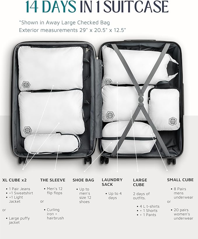 TRIPPED XL Compression Packing Cubes — 7-Piece Set for Checked Luggage | Extra-Large (15.7"×11"×4") + Large + Small + Tube + 