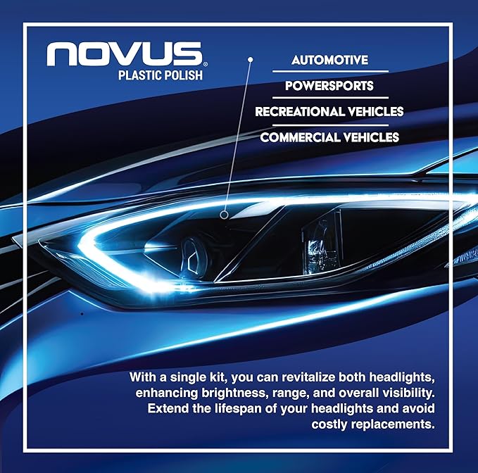 Novus Clear in Five Headlight Restoration Kit, 2 Ounce #1, 2, & 3 Bottles, Buffing Pad, Backing Pad Drill Attachment, 1,000 G