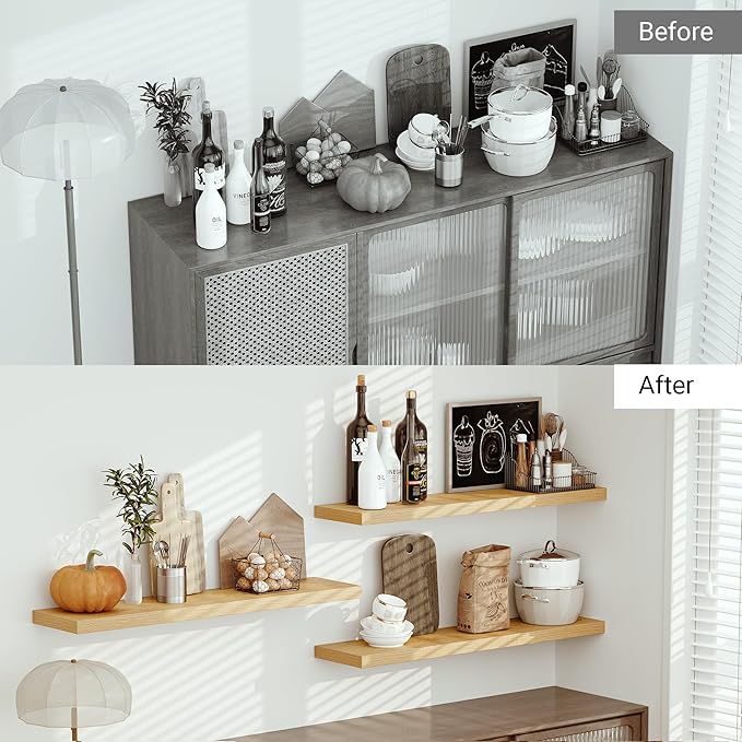Vivelove Single Floating Shelves Oak 48 Inches, 48 x 10 inch Deep x 1.8 in Thick, Long Wall Shelves Heavy Duty 80 lbs for Bed