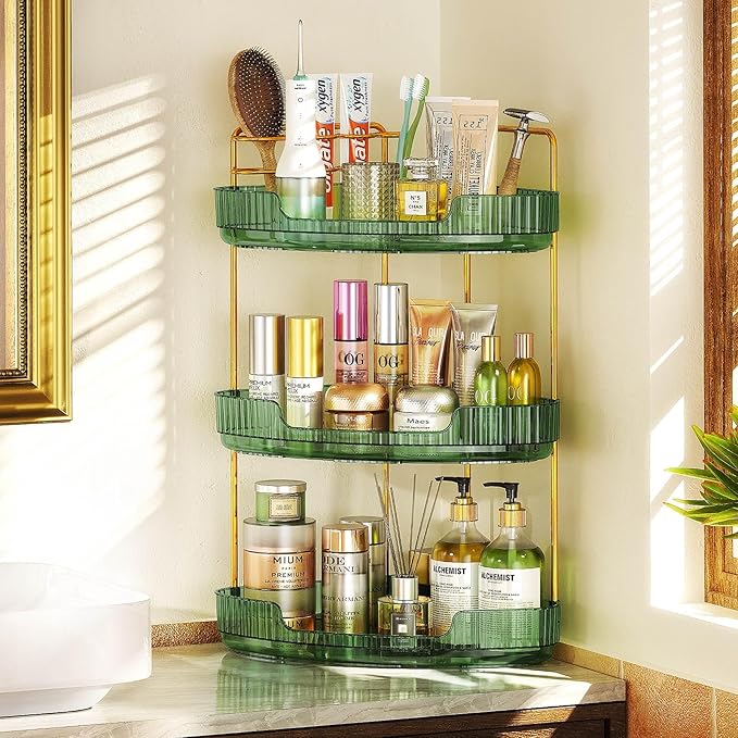 EUHOME 3-Tier Corner Bathroom Counter Organizer Makeup Cosmetic Storage, Tool-Free Installation Acrylic Vanity Shelf, Skin Ca
