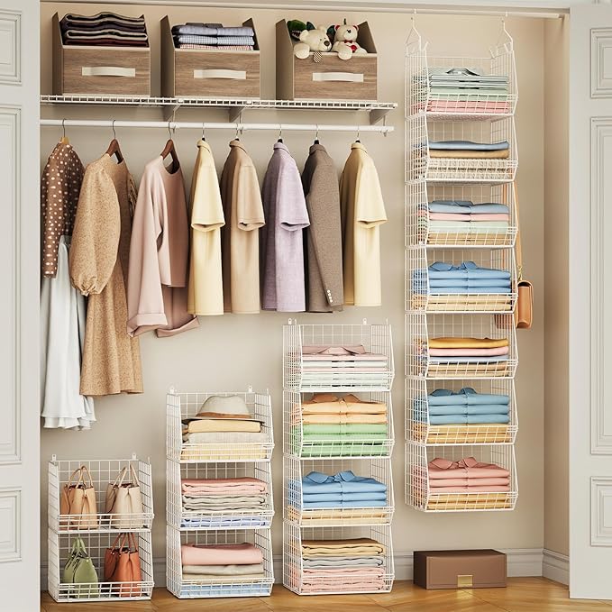 7 Tier Hanging Closet Organizer and Storage, Foldable Wire Closet Shelving with 4 Large Hooks+5 S Hooks,Hanging Basket for Cl