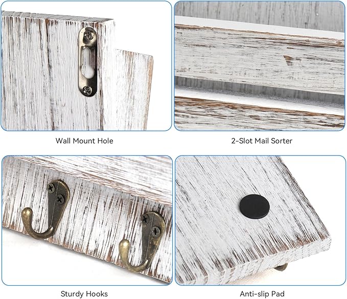 Mail Organizer Wall Mount with 4 Key Hooks, Rustic Wooden Hanging Mail Sorter Farmhouse Key Holder for Wall Decoration, 2-Slo