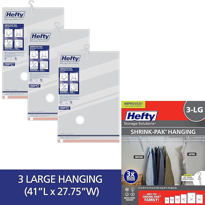 Hefty Shrink-Pak Vacuum Storage Bags - Space Saver for Under Bed Storage, Clothing and Comforters, 3X More Storage Space - 3 