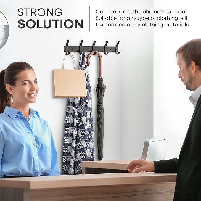 Matte Black Coat Rack Wall Mount – 15 Inch Stainless Steel Hook Rail with 5 Double Coat Hooks – Wall Mounted Entryway Organiz