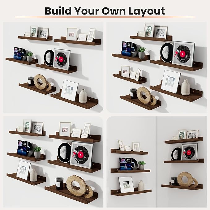 Fun Memories Picture Ledge Shelf, 16 Inch Long Floating Shelves Set of 6, Picture Shelf for Wall with Lip, Large Nursery Book