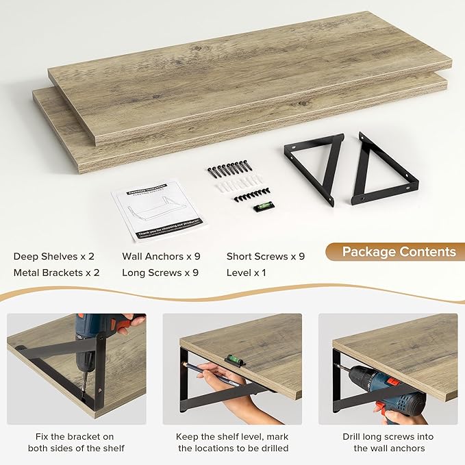 Deep Floating Shelves Wall Mounted, 30"x12" Gray Wall Shelves with Brackets Set of 2 for Bedroom, Living Room, Bathroom, Kitc