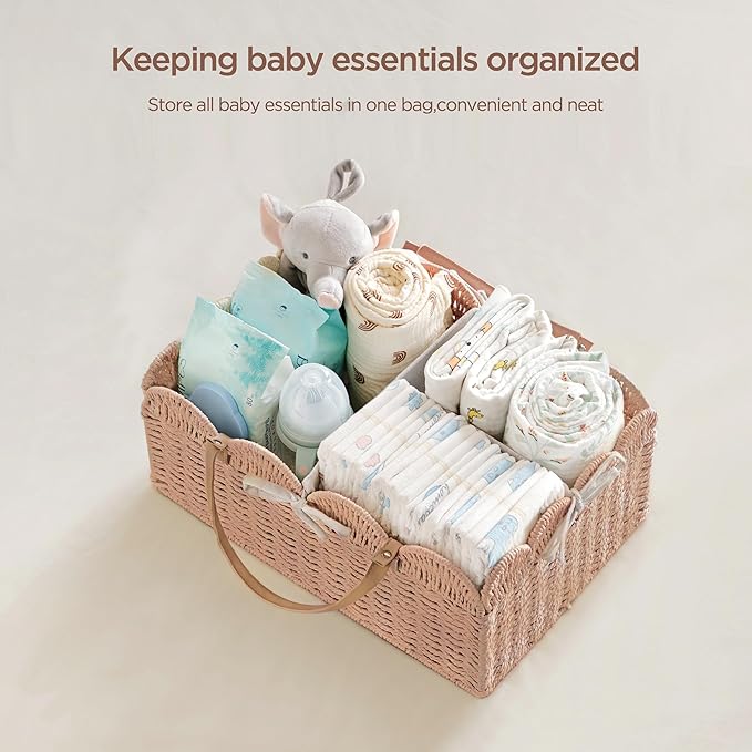 HBlife Baby Diaper Caddy, Paper Rope Storage Baskets Nursery Bin with Removable Divider, Portable Car Organizer for Diapers, 