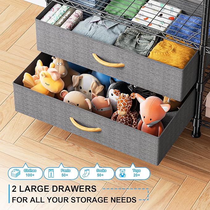 Ulif F3 Heavy Duty Clothes Rack（With Fabric Drawers）Freestanding Clothing Racks for Hanging Clothes，Adjustable Closet Organiz