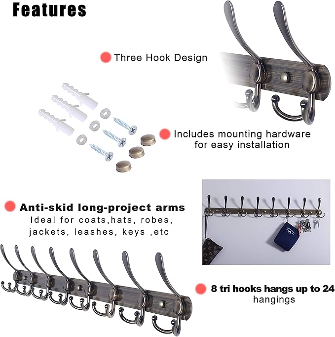 Dseap Coat Rack Wall Mount - 29.5” Long 8-Tri-Hooks Heavy Duty Coat Hanger Rail Wall Hooks for Hanging Coats Hats Clothing Cl