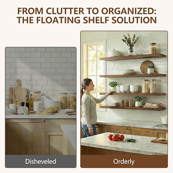 IEO Long Wooden Floating Shelves for Room Wall, Natural Wood Floating Shelves Wall Mounted Kitchen Shelf for Living Room, Bed