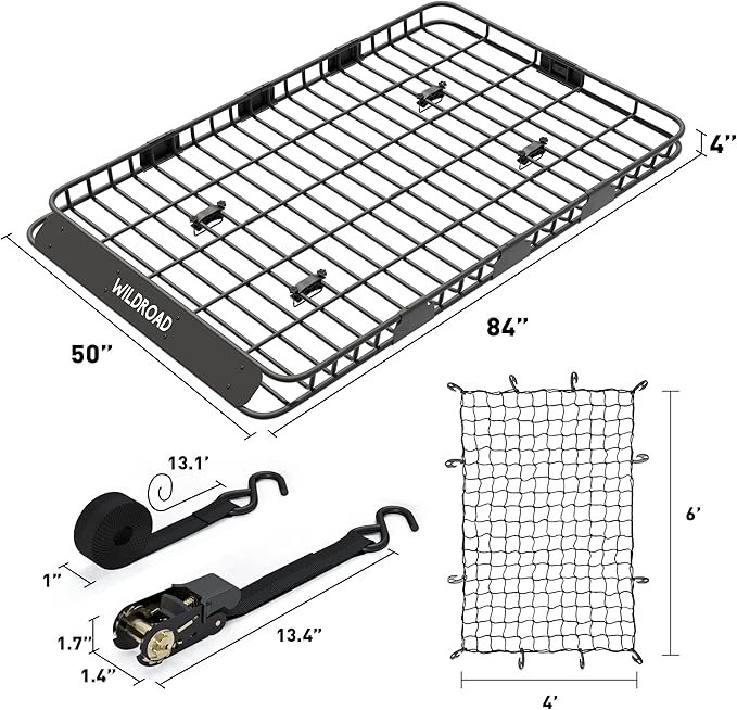 WILDROAD Roof Rack Cargo Basket, Upgraded 4” Fence Wide Car Roof Basket, 84"x 50"x 4" Universal Car Top Carrier Basket with Super Duty Bungee Cargo Net and Ratchet Straps Fits for SUV Truck Cars