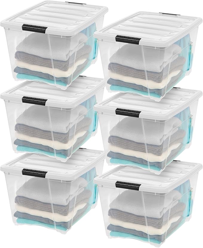 IRIS USA 6-Pack 54 Quart Stackable Storage Bins with Lids [Made in USA] - Everyday Organizer Latching Clear Plastic Organizat