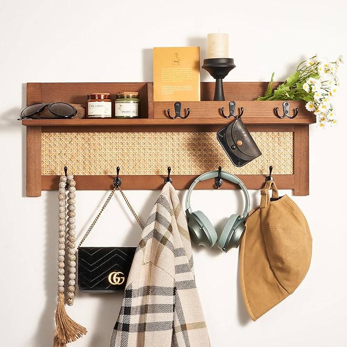 Coat Rack Wall Mount with Hooks & Shelf - Wooden Entryway Organizer for Hanging Coats, Keys, Hangers - Space Saving Durable W