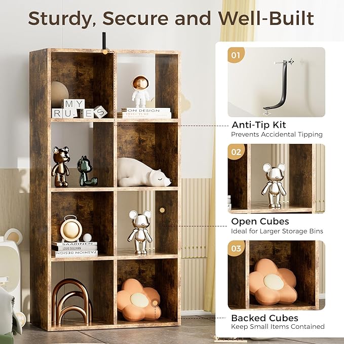 COMHOMA 8 Wood Cube Storage Organizer with Open Back and Removable Back Panels, 11In Brown Cube Storage Bookshelf, Cubicle Sh