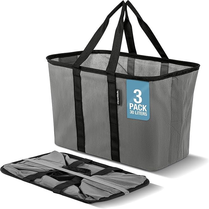 CleverMade EcoBasket 30L Collapsible Tote Basket 3 Pack – Reusable Grocery Tote That Stands Upright, Foldable Shopping Basket