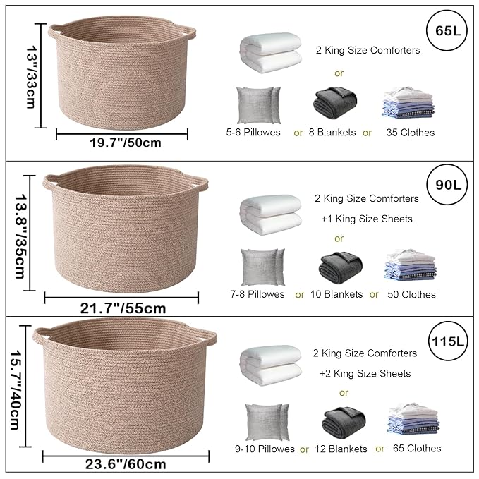 90L Large Blanket Basket,21.7"L x 21.7"W x 13.8"H Rope Woven Baskets with Handles,Brown Storage Bins,Laundry Basket Perfect f