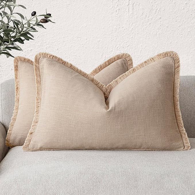 Foindtower Set of 2 Decorative Linen Fringe Throw Pillow Covers Boho Farmhouse Cushion Cover with Tassels Accent Pillowcase f