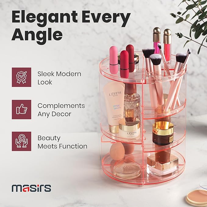 Masirs Rotating Makeup Organizer for Vanity, Large 360° Spinning Cosmetic & Skincare Organizer, Adjustable Shelf Height, Perf