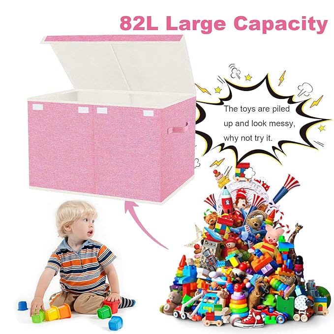 VERONLY Large Collapsible Toy Storage Box with Lid & Handles - Kids Organizer Chest for Toys, Clothes, Blankets (Pink, Nurser
