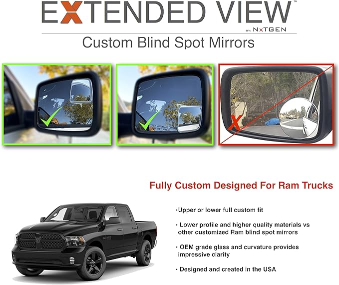 NXTGEN Custom Blind Spot Mirrors - Extended View (2 Pack) Compatible With 4th Gen Ram 1500 - 2 Piece Set (Left & Right)