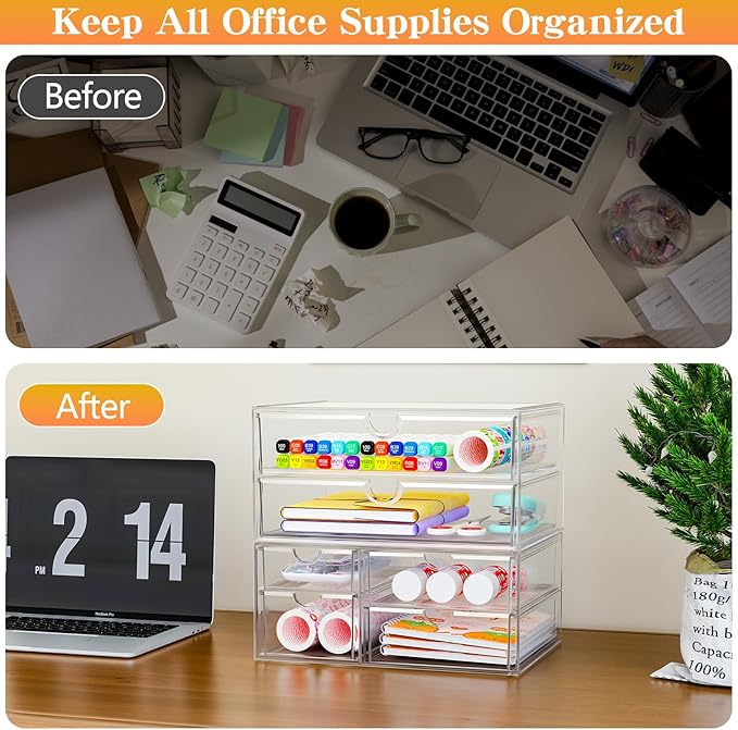ARSTPEOE Acrylic Organizer with 6 Drawers, Bathroom Counter Organizer, Makeup Desk Organizers, Office Supplies, Storage Drawe