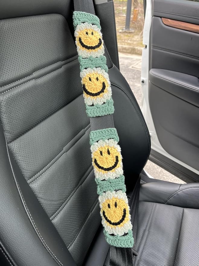 Handmade Crochet Sun Car Steering Wheel Covers Universal 14-15 inch,Cute Steering Wheel Cover,Car Accessories (Sun Wheel Cover+2belt Cover+2Coaster+Hanging)