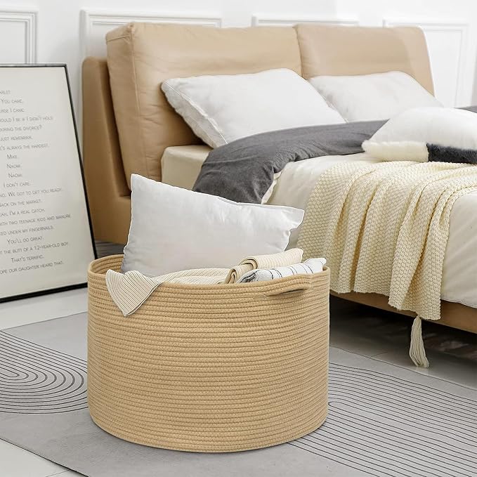 MEGASKET Extra Large Storage Basket, 22" X 22" X 14" Stuffed Animal Basket for Living Room Kids Room, Soft Cotton Rope Bin Wi
