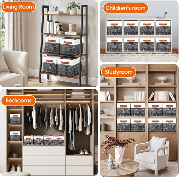 Fab totes Collapsible Storage Baskets for Shelves,14"x10", 8 Pack Foldable Fabric Storage Bins with Double Leather Handles, L
