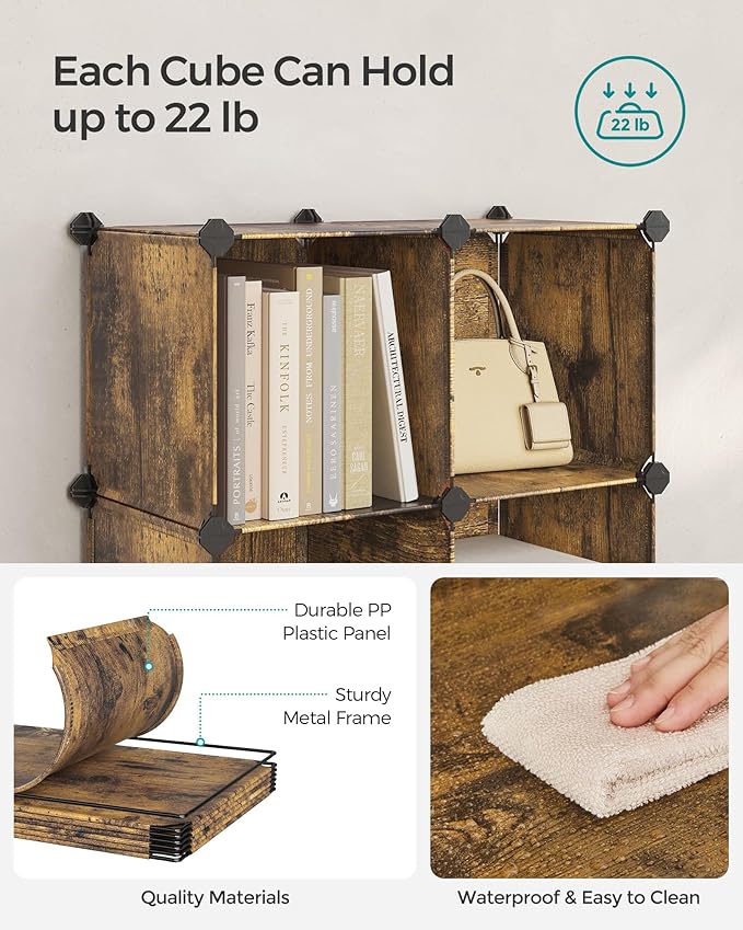 SONGMICS 6 Cube Storage Organizer, Modular Bookshelf, DIY Closet Organizers and Storage, Plastic Stackable Shelves, 11.8 x 11