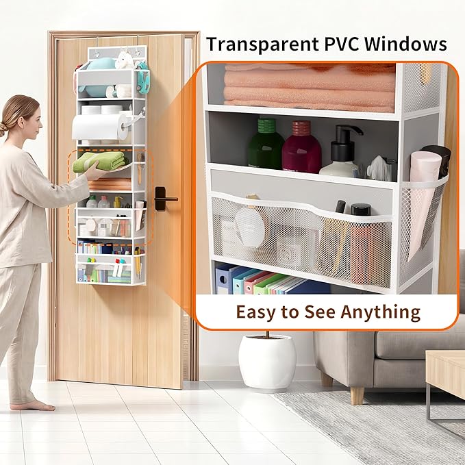 Over the Door Organizer - Behind the Door Storage with Rope for Toilet Paper Storage - Door Organizer Hanging with 5 Spacious