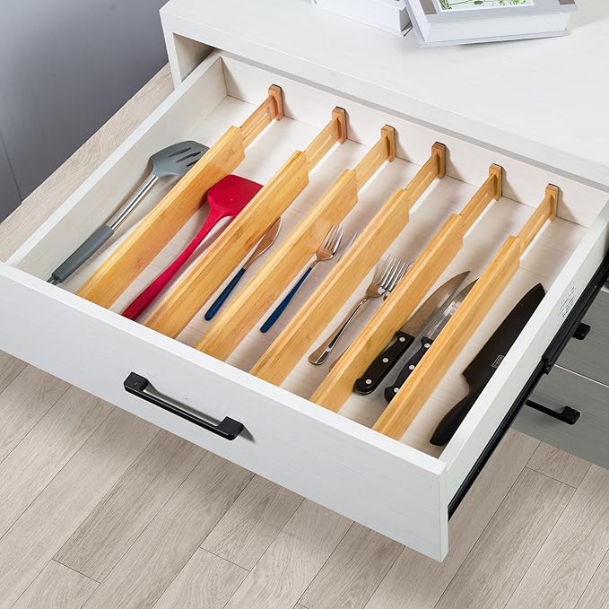 VaeFae Adjustable Bamboo Drawer Dividers, Expandable Drawer Organizer for Kitchen, Bedroom, Bathroom, Dresser and Office, 6-P