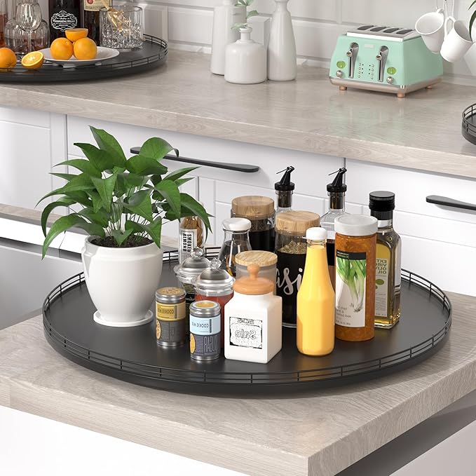 24" Oak Wooden Lazy Susan Turntable for Dining Table, Extra Large Round Lazy Susans Organizer for Kitchen Countertop Charcute