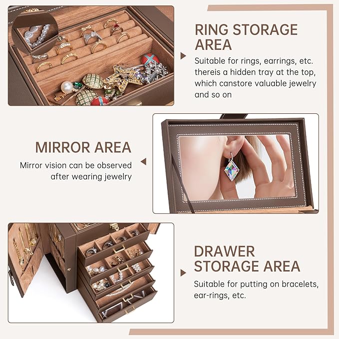 AKOZLIN 6-Tier Jewelry Box Organizer Functional 5 Drawers Leather Jewelry Storage Case for Women Girls Ring Necklace Earring 