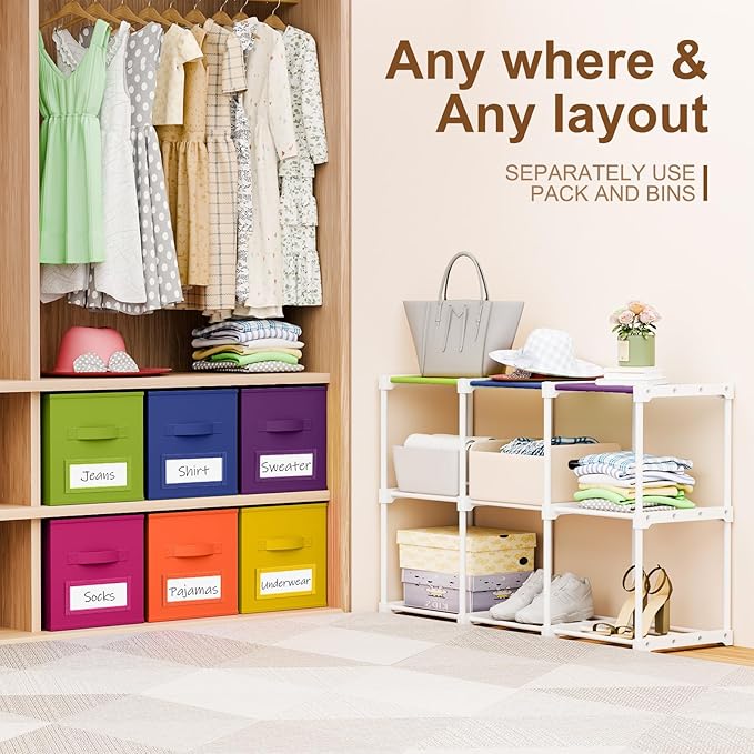 Geelin 9 Cube Toys Storage Organizer with Fabric Bins and Labels, 11 Inch Collapsible Cubby Storage Drawers Colorful Dresser 