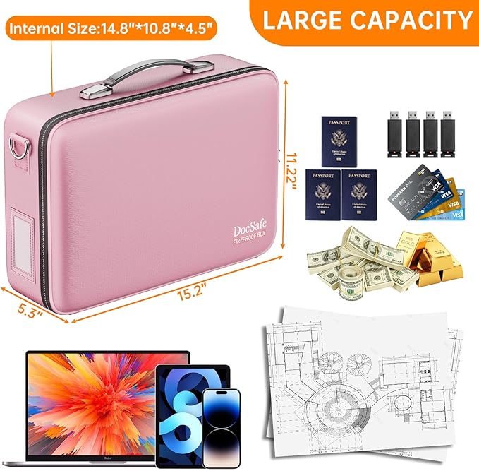 DocSafe Fireproof Document Box with Lock＆Shoulder Strap,Hard Case File Organizer with Accordion File Folder,Multi-Layer Porta