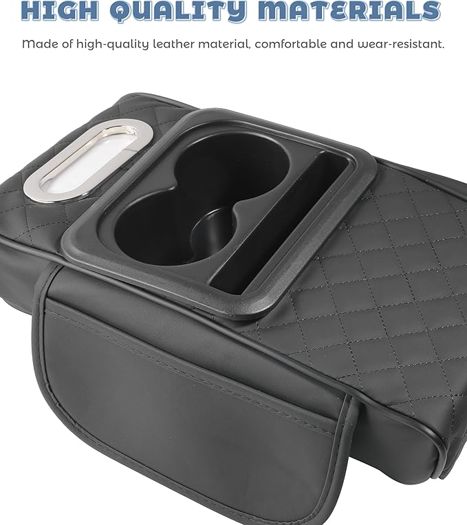 Car Armrest Storage Box,Car Accessories Console Organizers and Storage,Universal Waterproof Leather Console Cover with Cup Holder and Phone Holder,Suitable for Most Cars (Embroidered, Black)