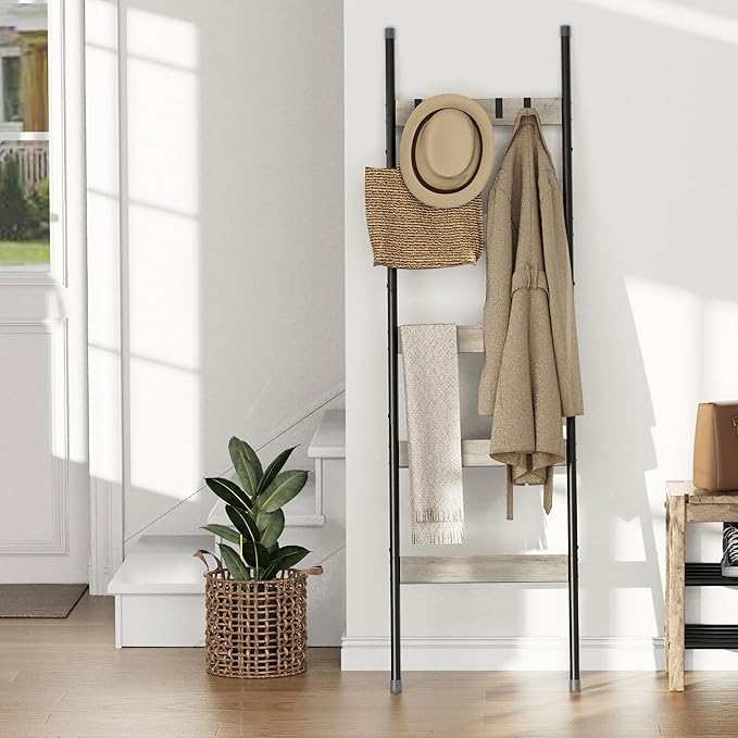 Blanket Ladder, 5-Tier Towel Holder with 4 Removable Hooks, Farmhouse Wall Leaning Decorative Rack Shelf, Wooden Towel Displa